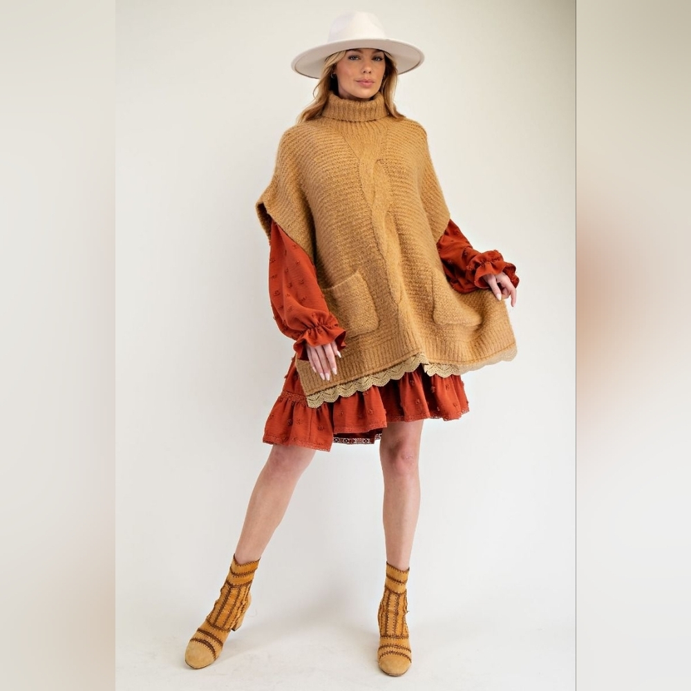 10-1128 *boutique* Boho Lace Bottom Layered Largenlook Warm Poncho Sweater - Picture 5 of 5